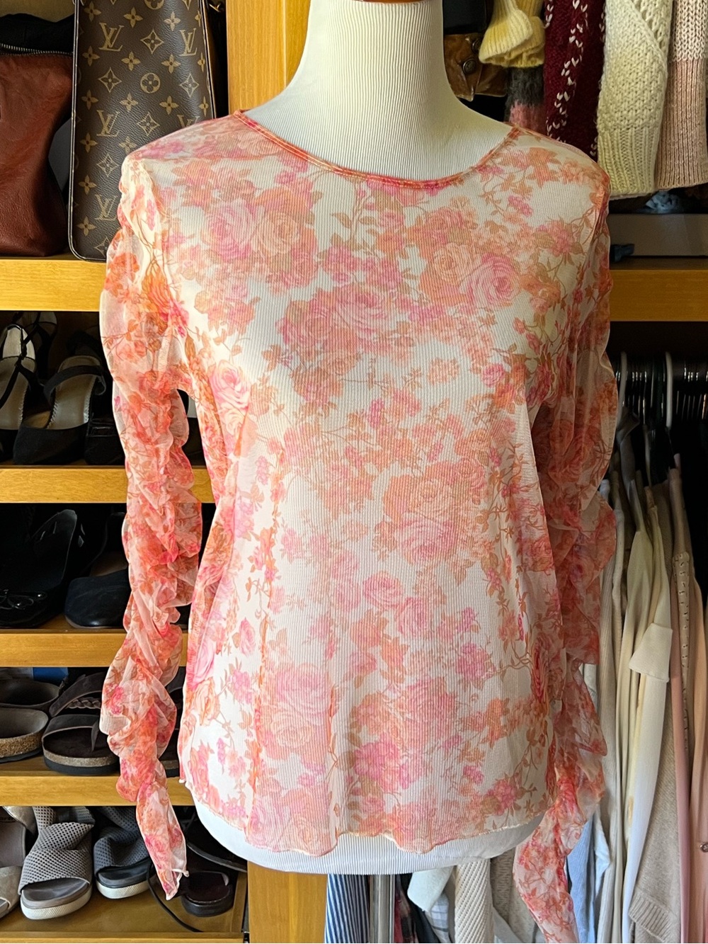ZARA Pink & Peach Floral Sheer Long-Sleeve Blouse-EUC